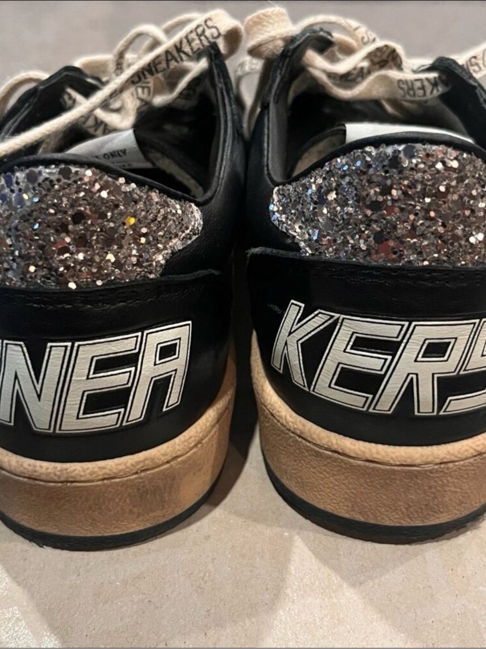 Golden Goose BALLSTAR Black Leather Sneakers Glitter Stars with Beige Soles - Picture 7 of 15
